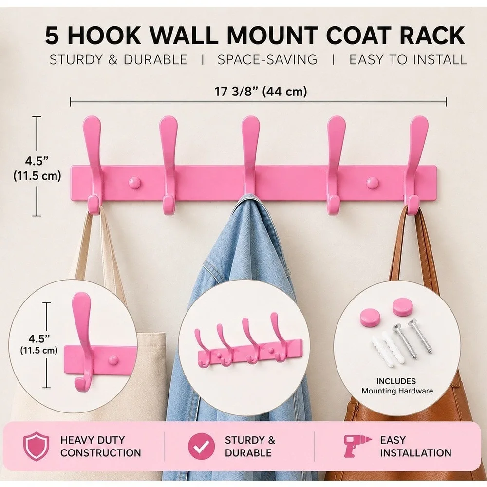 Pink 5 Hook Wall Mount Coat Rack Heavy Duty Metal Entryway Organizer 17 inch